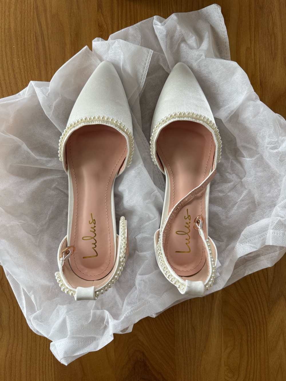 Lulu's White Phoebee Black Satin Pearl Pointed-Toe Ankle Strap Flats